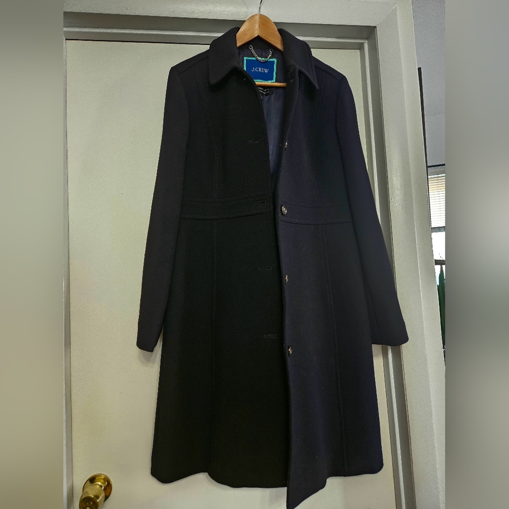 J Crew black topcoat in Italian double-cloth woolblend.